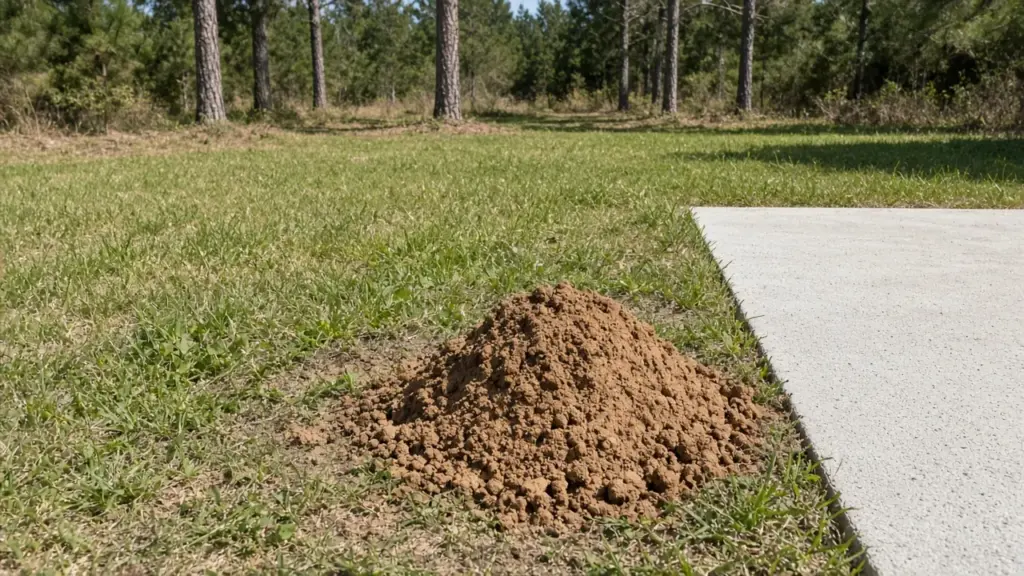 A fire ant mound in grass near an RV concrete pad