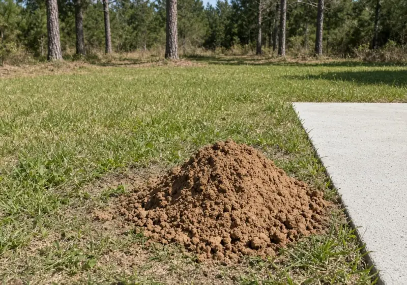 A fire ant mound in grass near an RV concrete pad
