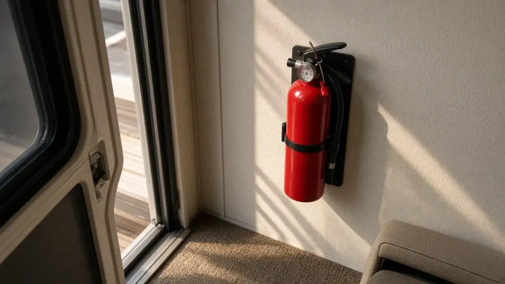 A small fire extinguisher mounted by an RV door
