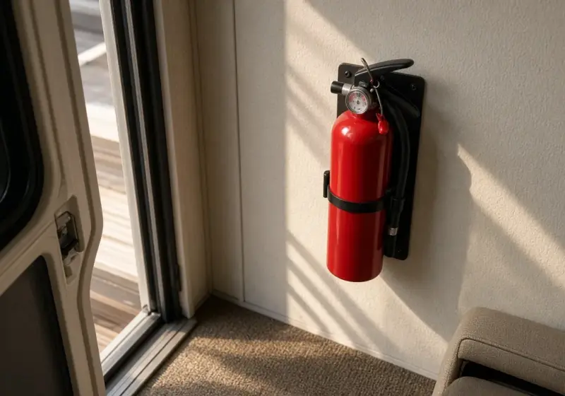 A small fire extinguisher mounted by an RV door