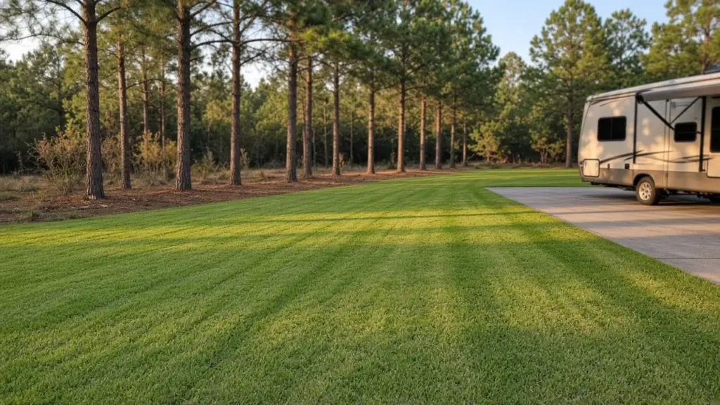 A safe tidy RV park lawn with no fireworks or clutter