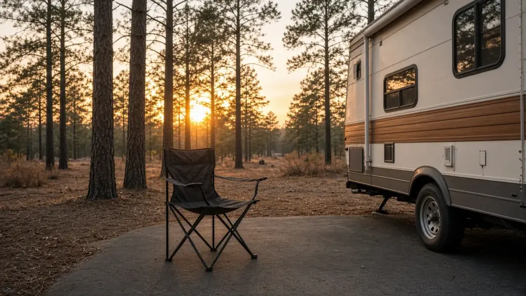 A single folding chair beside a small travel trailer at sunset