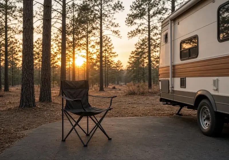 A single folding chair beside a small travel trailer at sunset