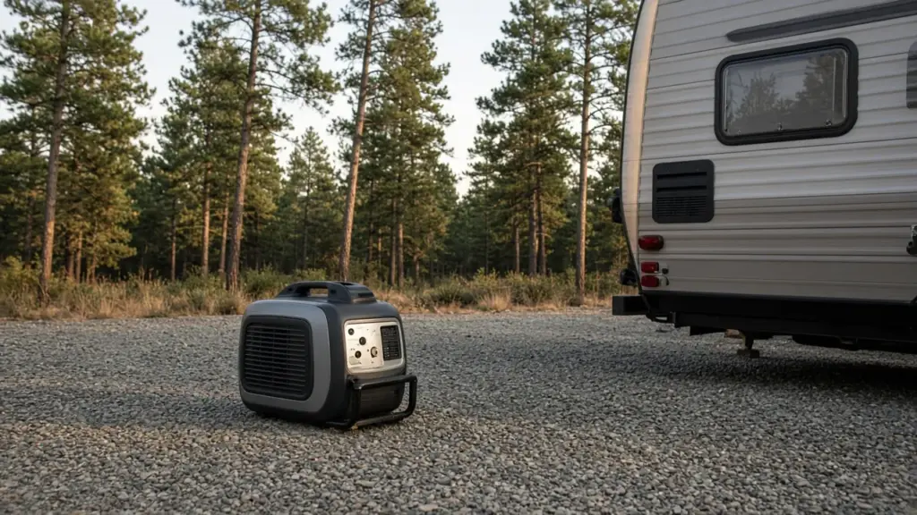 A small portable generator stored beside an RV