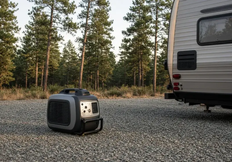 A small portable generator stored beside an RV