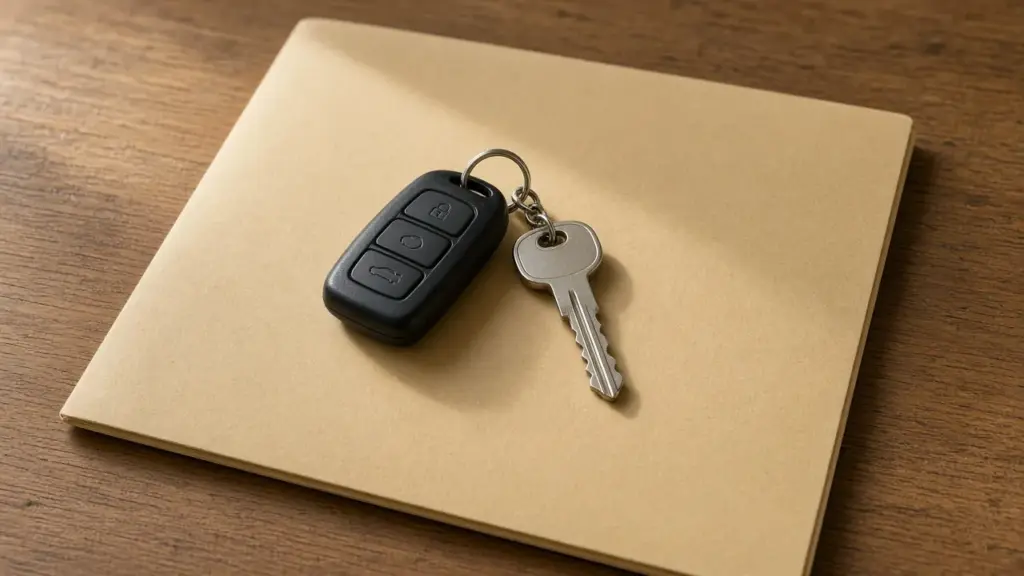 Car keys and a folder of identification paperwork on a table
