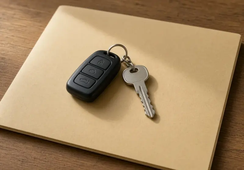Car keys and a folder of identification paperwork on a table