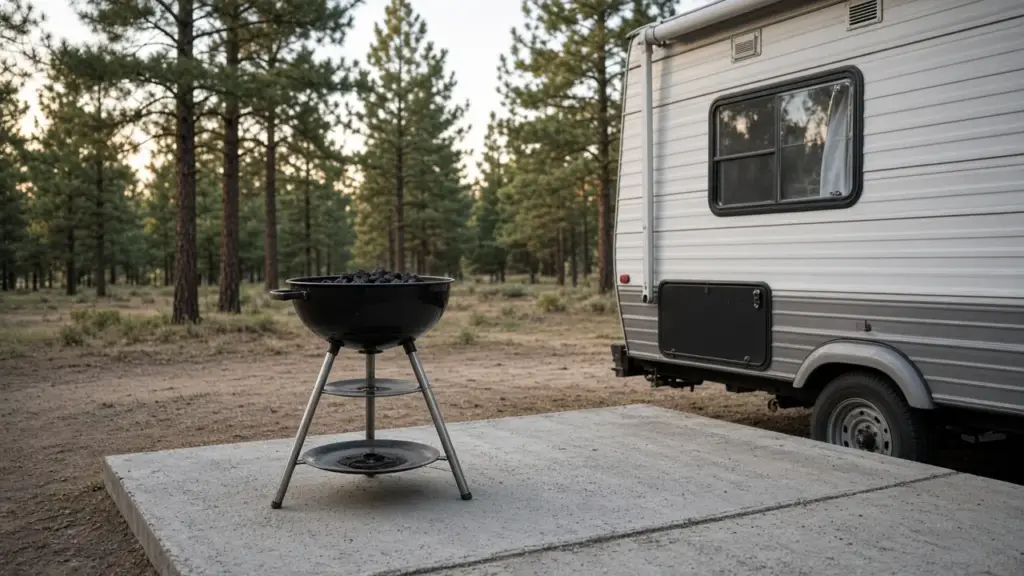 A small grill on a stand on a concrete pad beside an RV