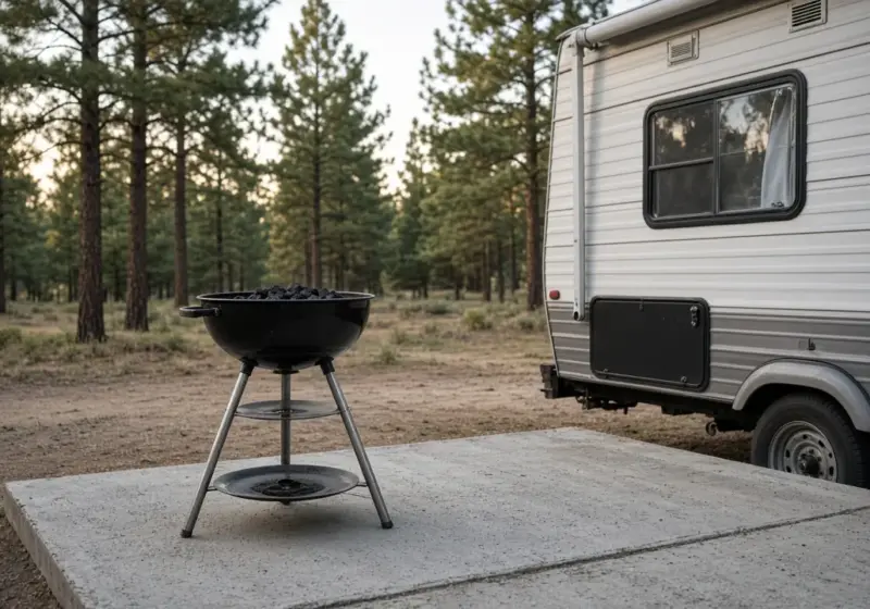 A small grill on a stand on a concrete pad beside an RV