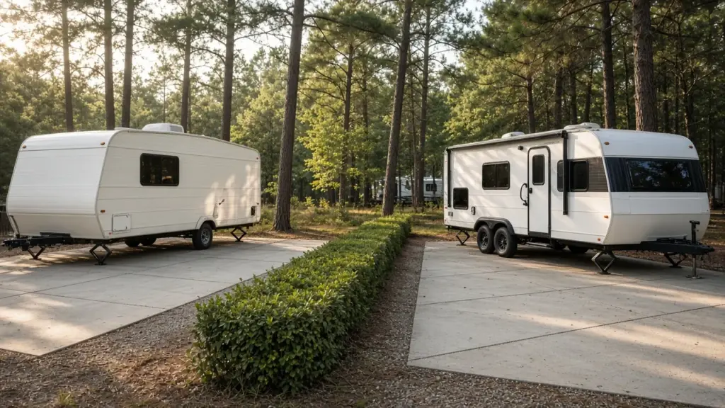 Two neighboring RVs with a small hedge between them