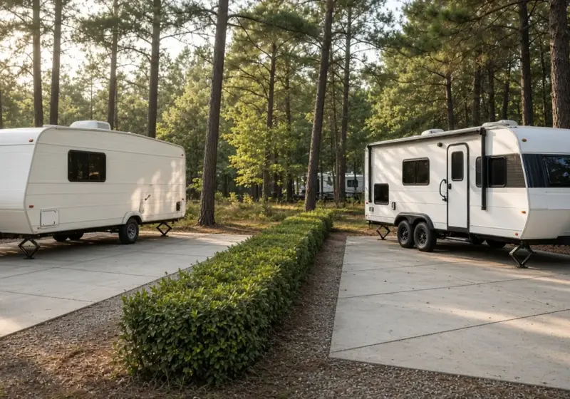 Two neighboring RVs with a small hedge between them