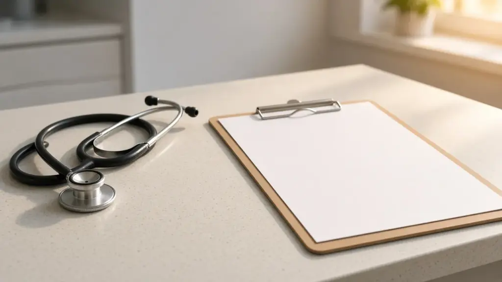 A stethoscope and a clipboard on a clinic counter