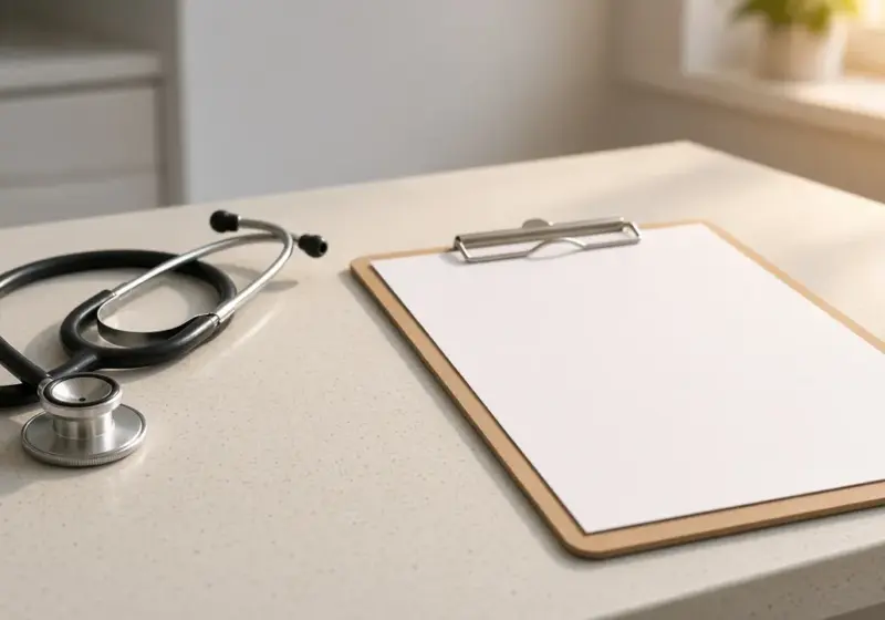 A stethoscope and a clipboard on a clinic counter