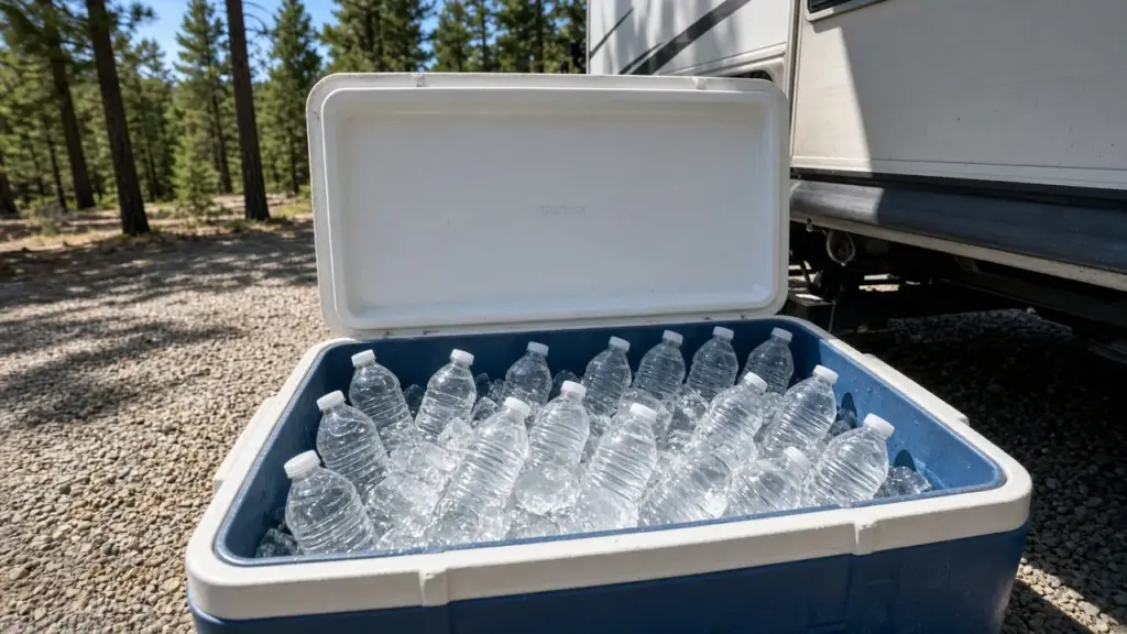 A cooler with ice water bottles in the shade beside an RV