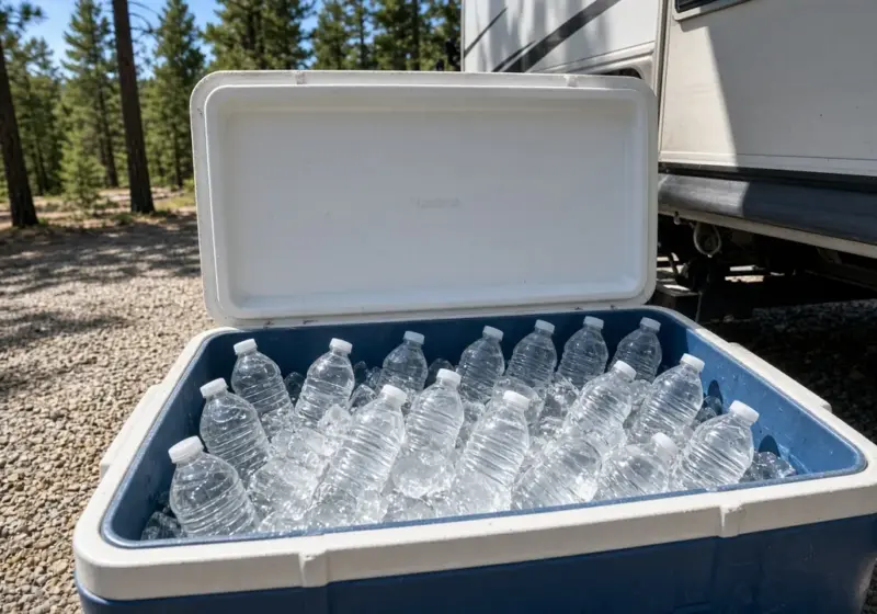 A cooler with ice water bottles in the shade beside an RV