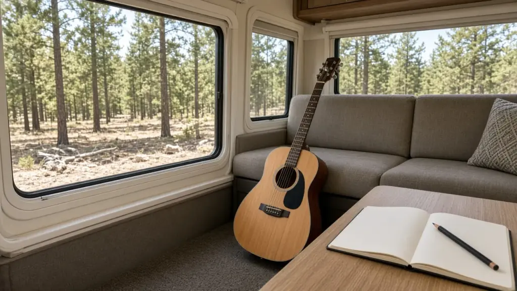 A guitar and a sketchbook inside an RV