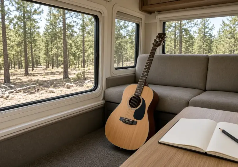 A guitar and a sketchbook inside an RV