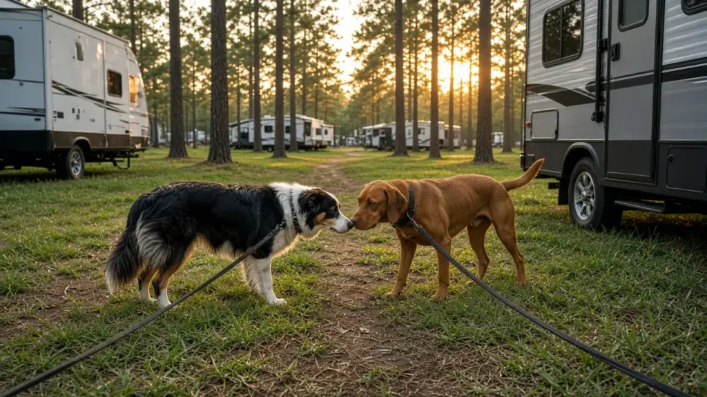 Two dogs sniffing each other calmly on leashes near RVs