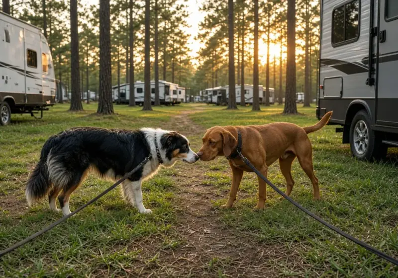 Two dogs sniffing each other calmly on leashes near RVs