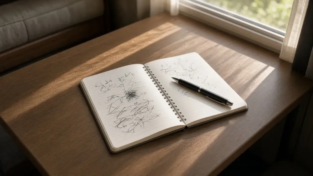 An open notebook maintenance log with a pen on an RV table