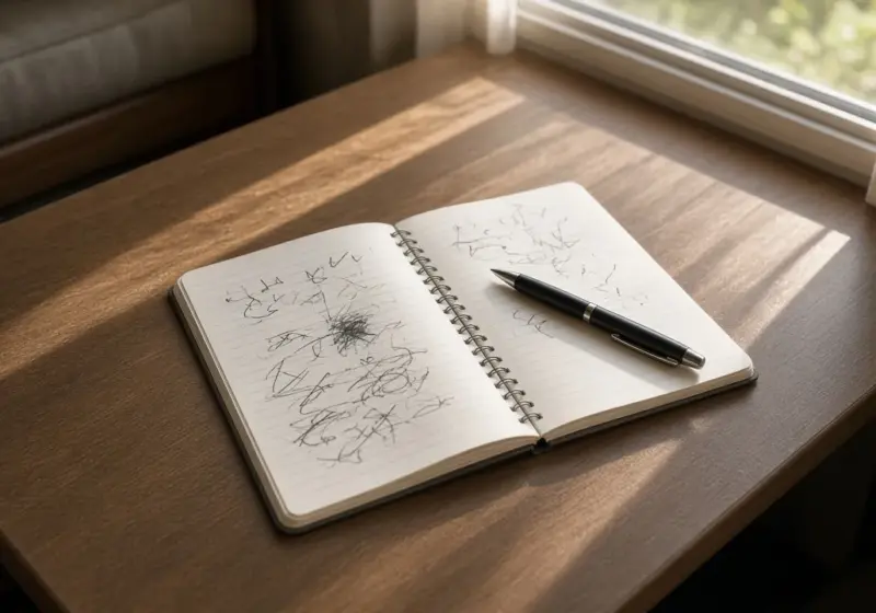 An open notebook maintenance log with a pen on an RV table