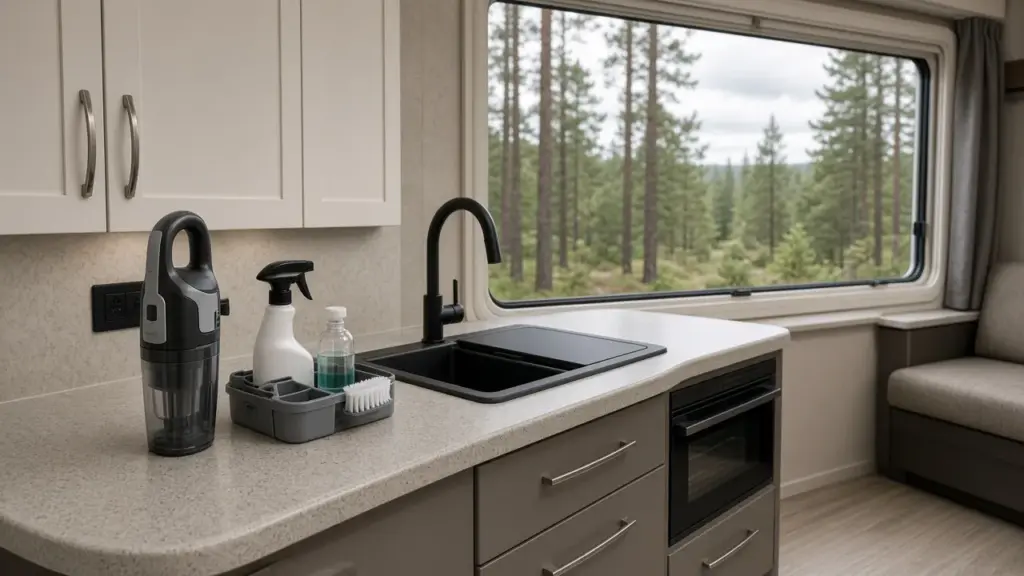 A clean RV interior with a small vacuum and cleaning supplies set on the counter