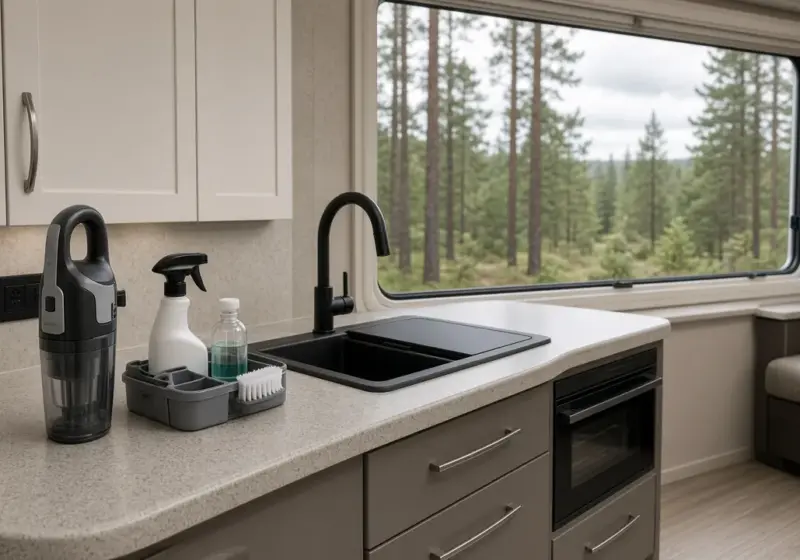 A clean RV interior with a small vacuum and cleaning supplies set on the counter