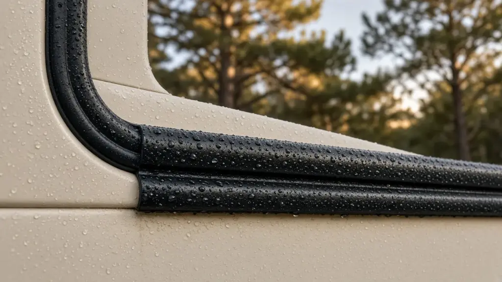A close-up of an RV slide-out rubber seal after rain