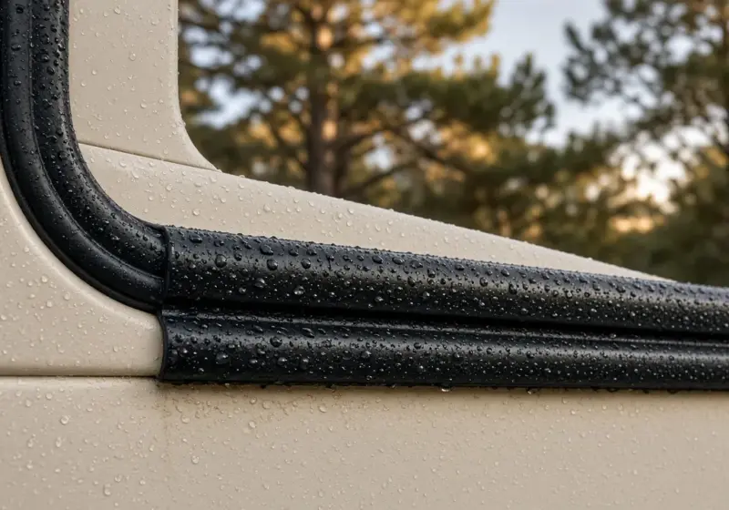 A close-up of an RV slide-out rubber seal after rain