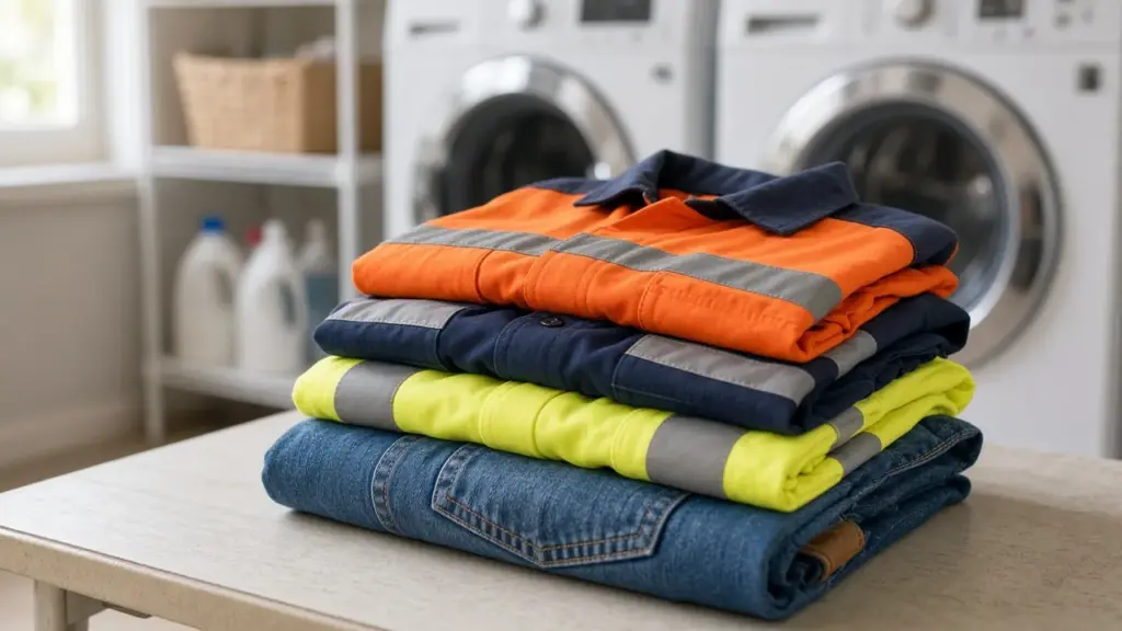 Work clothes folded on a table in an RV park laundry room