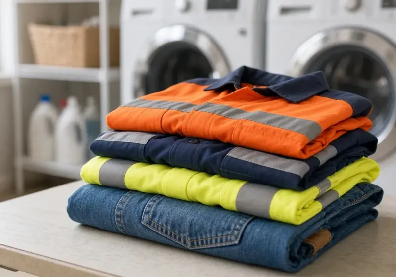 Work clothes folded on a table in an RV park laundry room