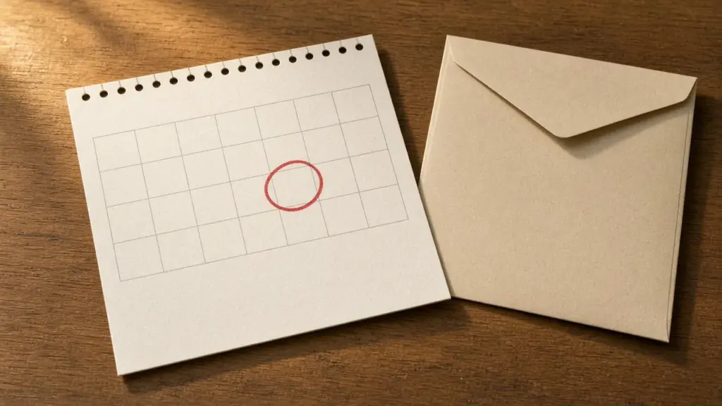 A calendar with a due date circled and an envelope