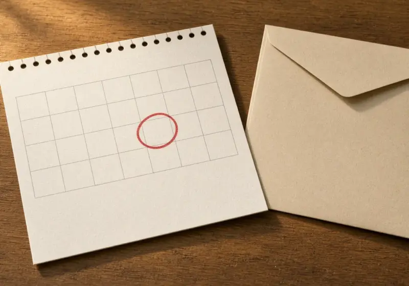A calendar with a due date circled and an envelope