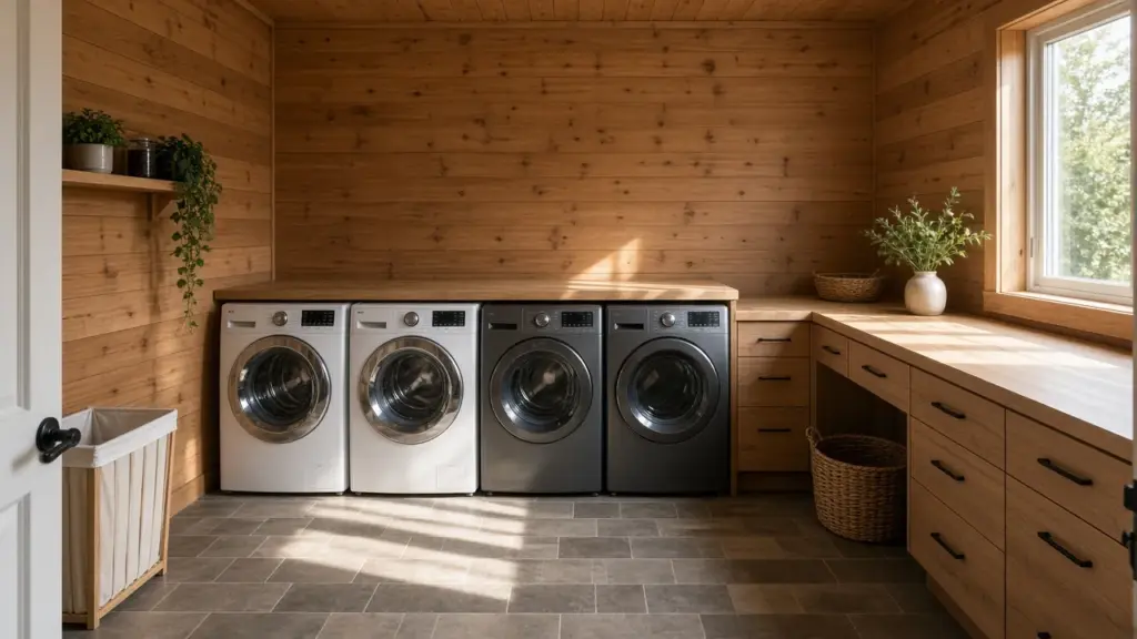 A small cedar-paneled laundry room with two washers and two dryers and a folding counter