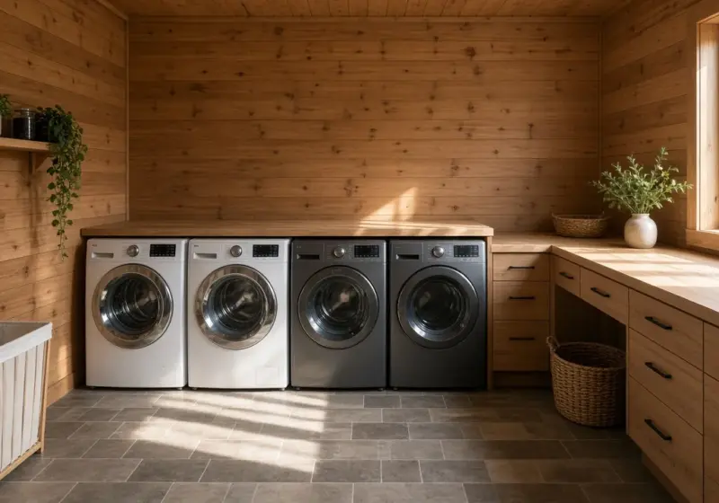A small cedar-paneled laundry room with two washers and two dryers and a folding counter
