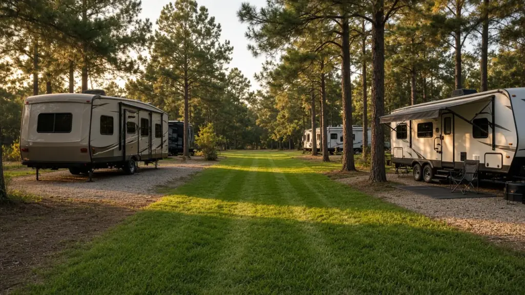 A freshly mowed lawn between RV sites
