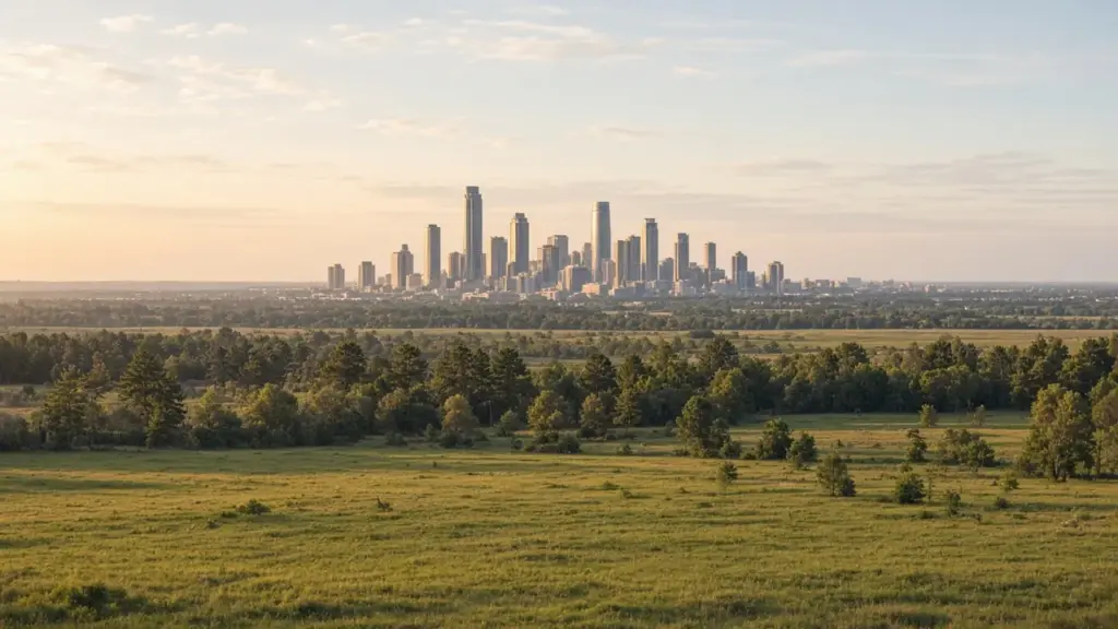 A Houston skyline viewed from far away across green countryside