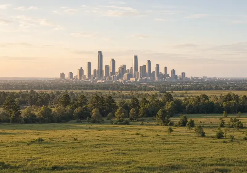 A Houston skyline viewed from far away across green countryside