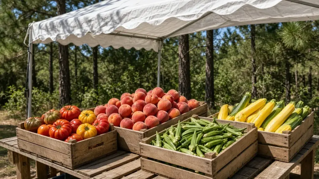 A local farmers market stand with fresh produce under a canopy