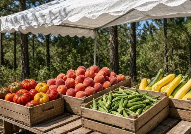 A local farmers market stand with fresh produce under a canopy
