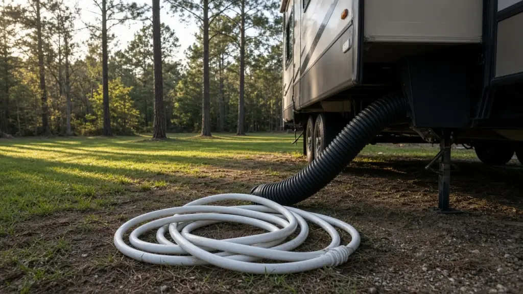 Common RV setup mistakes shown as a tangled hose and unsupported sewer hose beside an RV