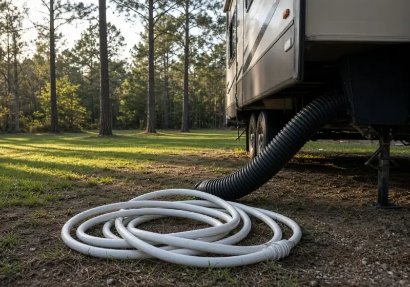 Common RV setup mistakes shown as a tangled hose and unsupported sewer hose beside an RV