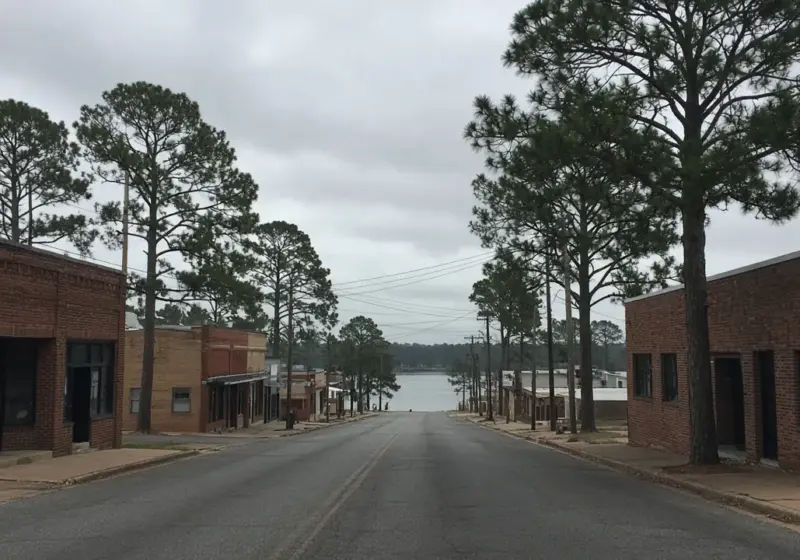 A small Texas city downtown street near a lake region