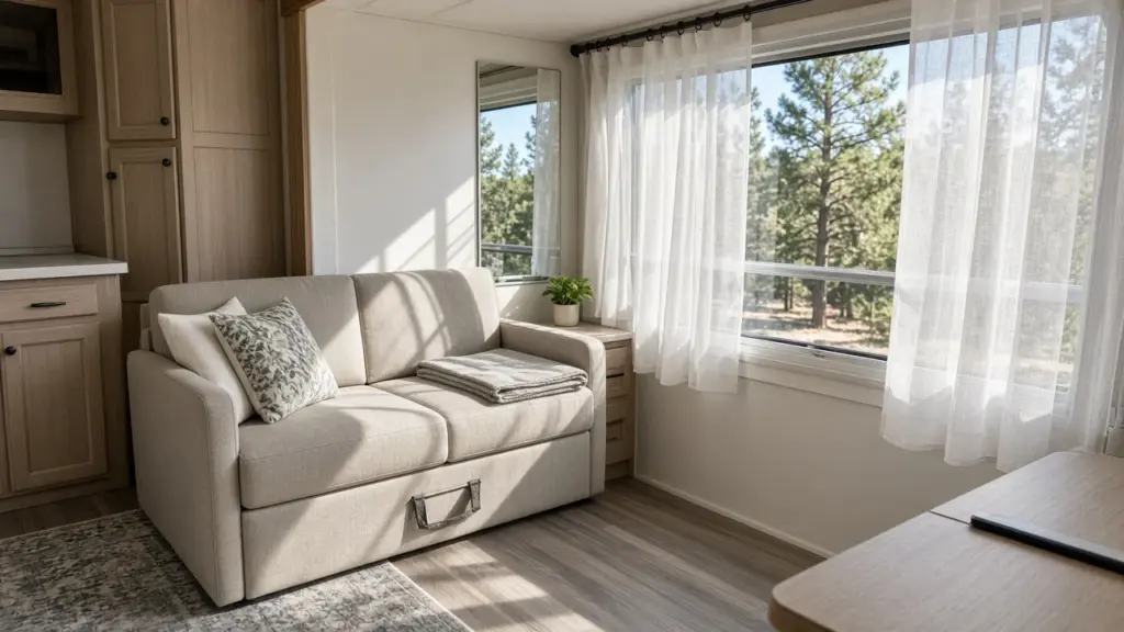 A tidy RV living area with a fold-out sofa, light curtains, and mirrors reflecting daylight