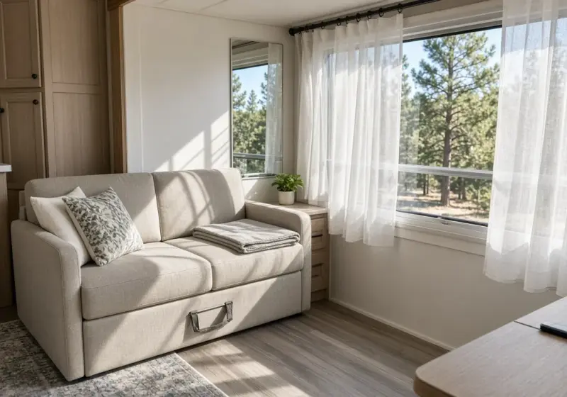 A tidy RV living area with a fold-out sofa, light curtains, and mirrors reflecting daylight