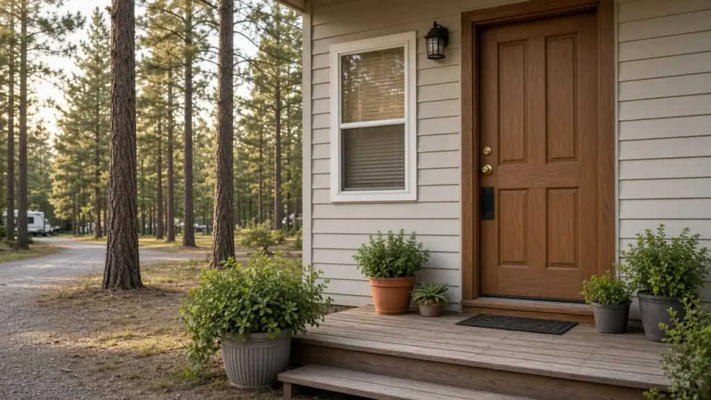 A tidy RV park office porch with a closed door and potted plants