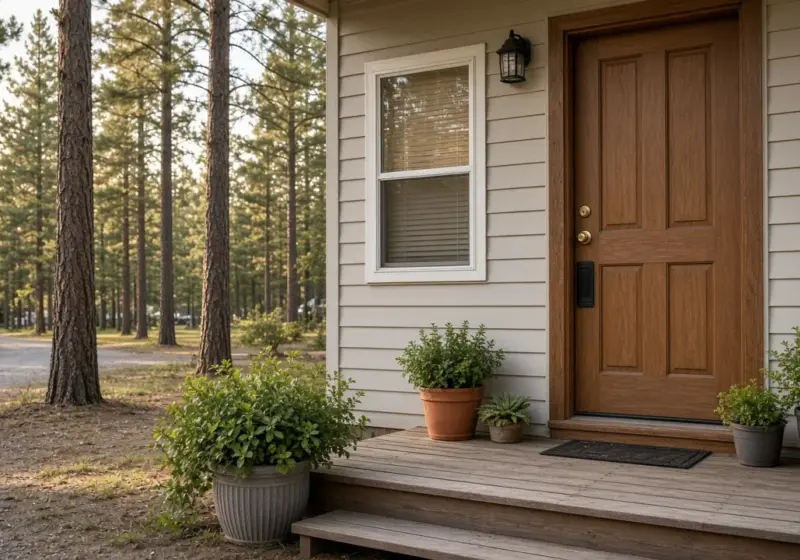 A tidy RV park office porch with a closed door and potted plants