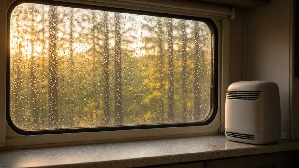 Window condensation on an RV window with a small dehumidifier on the counter below
