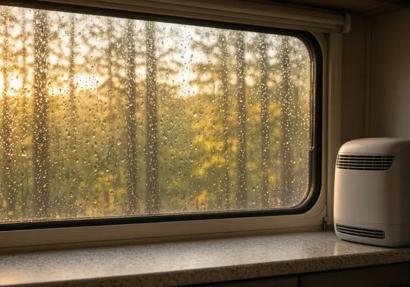 Window condensation on an RV window with a small dehumidifier on the counter below