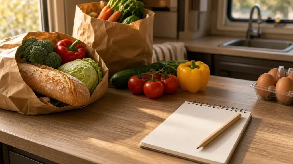 A weekly meal plan pad and groceries on an RV counter